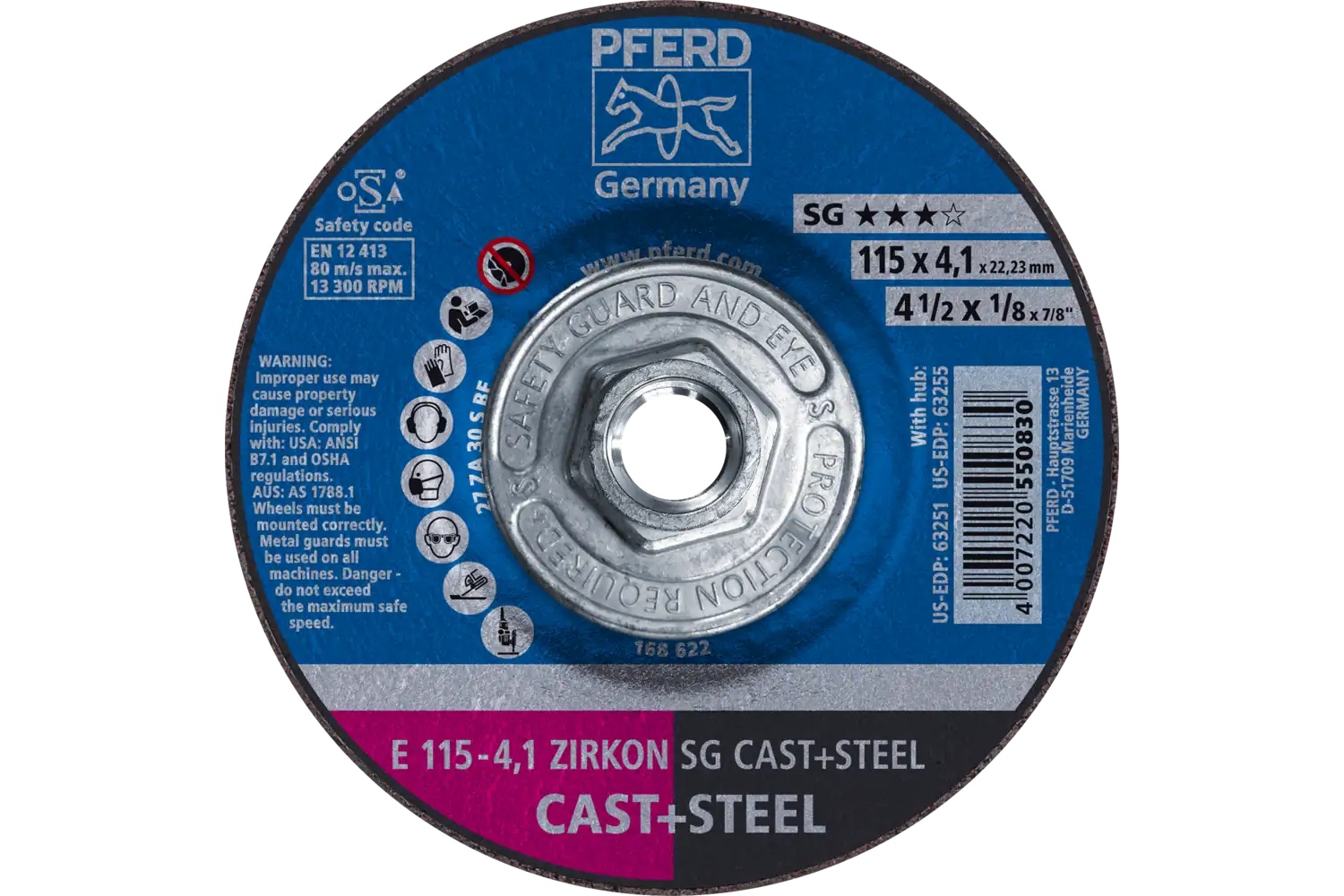 Picture of Pferd Grinding Wheel, 4-1/2" X 1/8 X 5/8-11, Zirkon Sg Cast+Steel, T27, Za, Ao